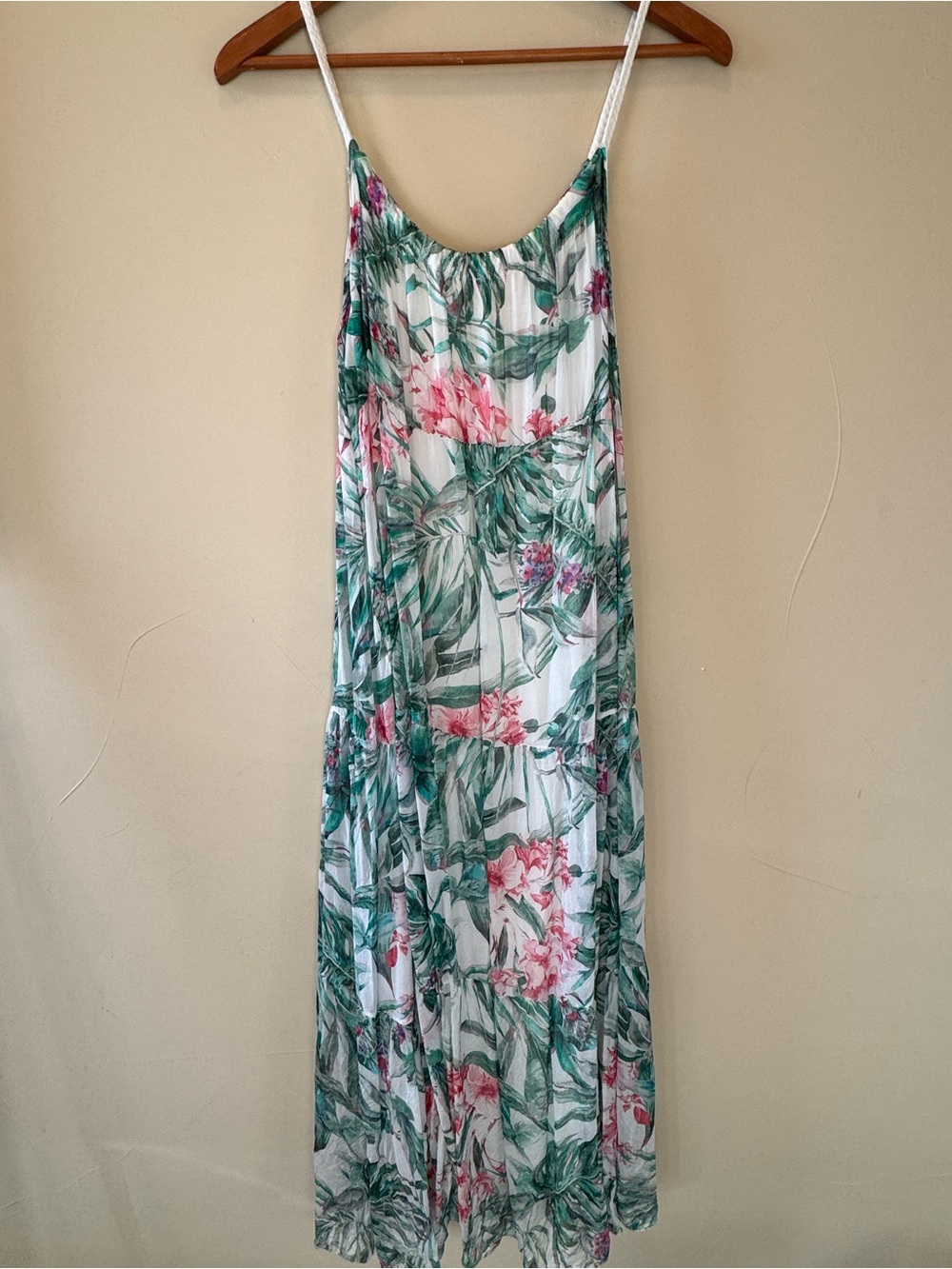 Made in Italy Silk Blend Tropical Floral Print Maxi Tiered Flowy Dress Size M
